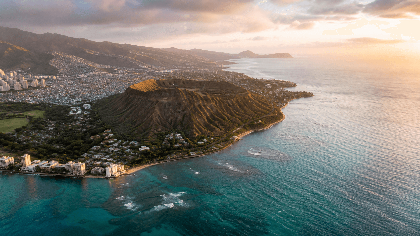 Aerial helicopter view of the Waikiki and Diamond Head coastline on Oahu